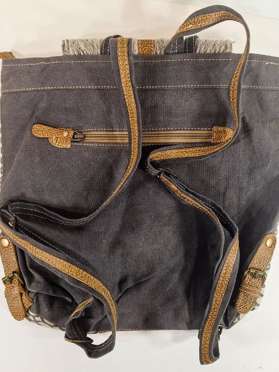 Myra Bag Grizzle Cowhide Upcycled Canvas Backpack Beige Brown Charcoal main image 5